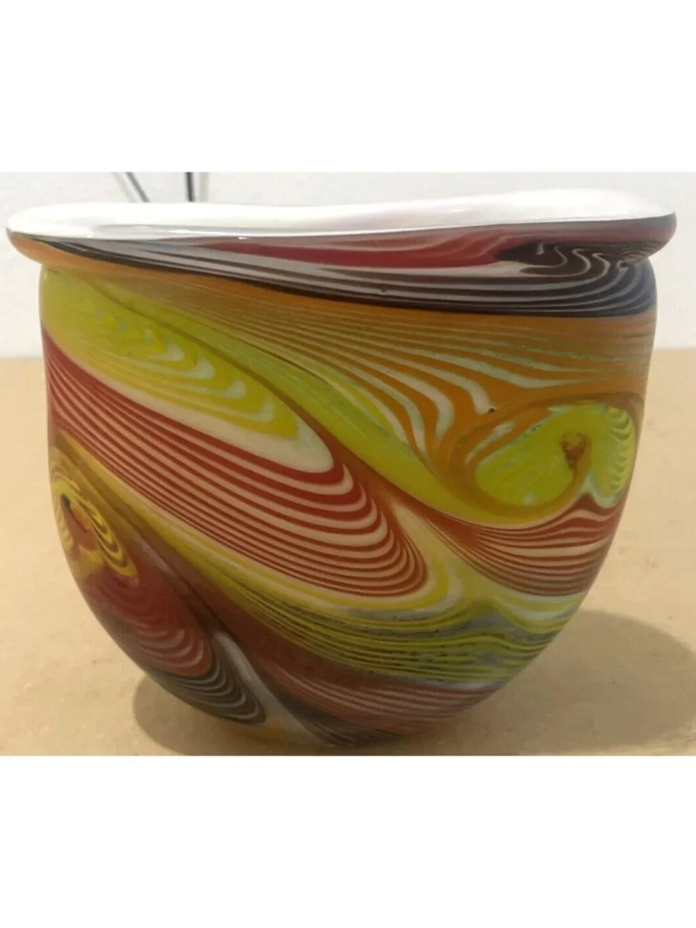 Swirl Art Glass Multi Color Red Orange Yellow Green Black Vase Heavy 7'X7